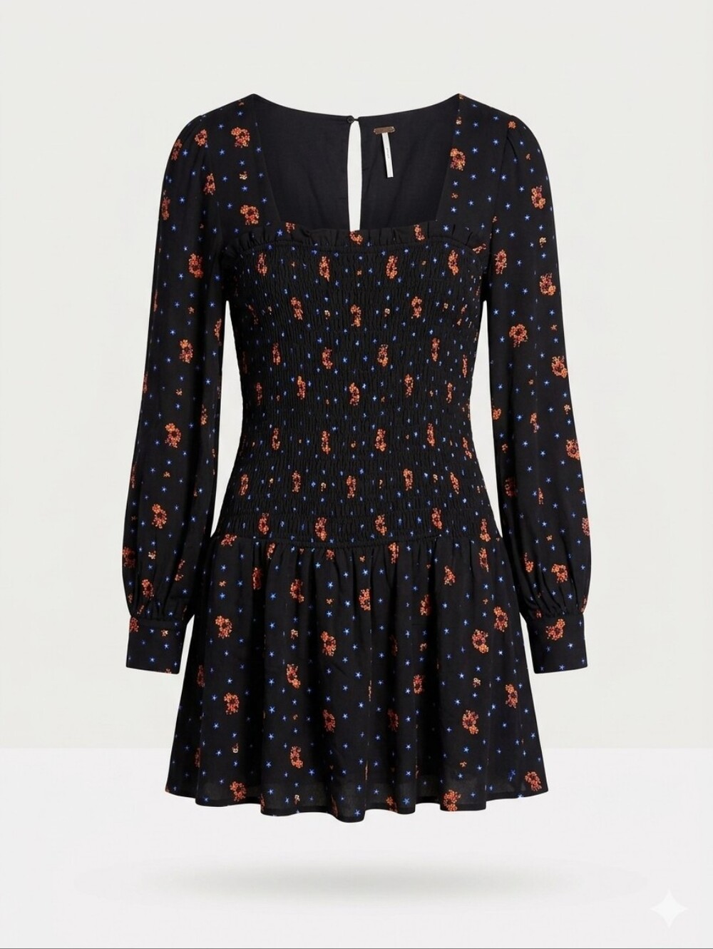 996 Free People Two Faces Smocked Floral Celestial Mini Dress Black Orange Small